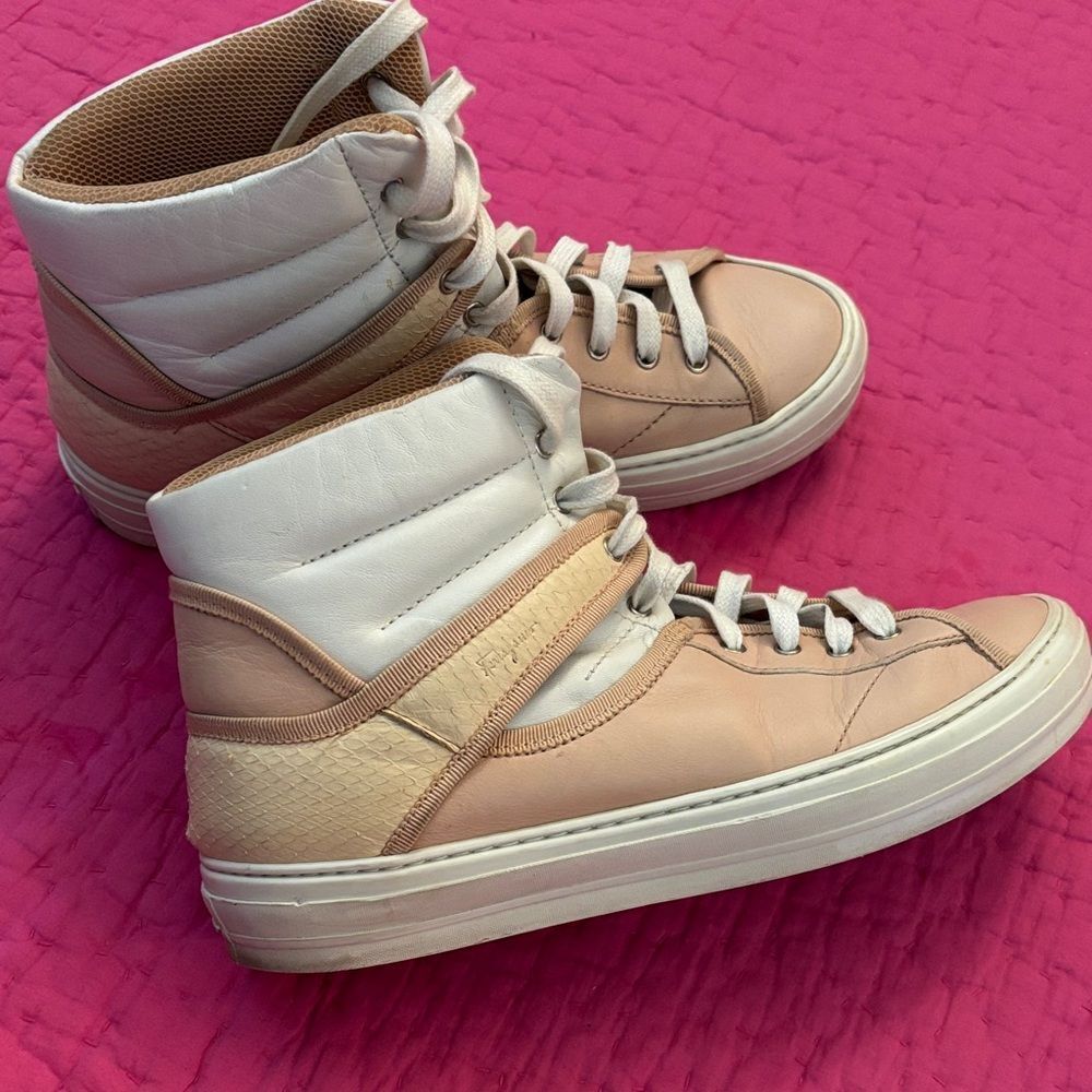 Salvatore Ferragamo Cream and Tan High-Top leather /snakeskin Sneakers, US7,5